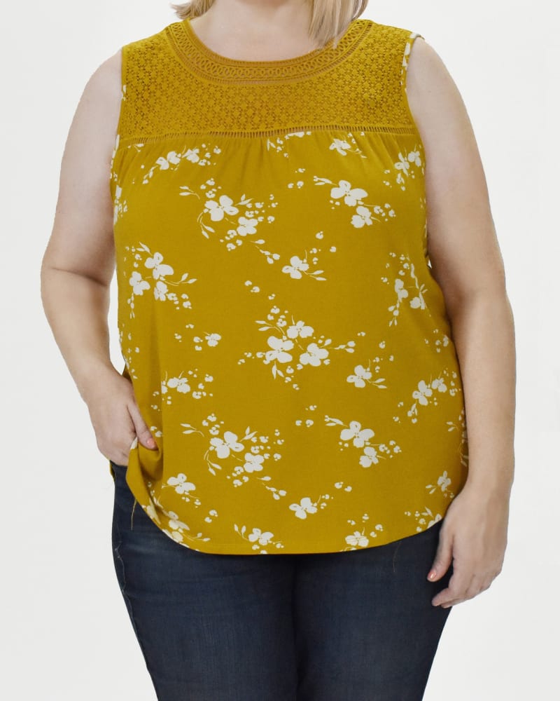 Front of a model wearing a size 3X Romina Lace Yoke Tank Top in O126 YELLOW OCHRE by Daniel Rainn. | dia_product_style_image_id:304896